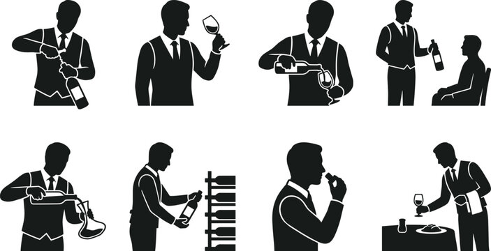 Sommelier and waiter silhouettes icon set showing wine tasting pouring decanting and serving in a restaurant vector illustration
