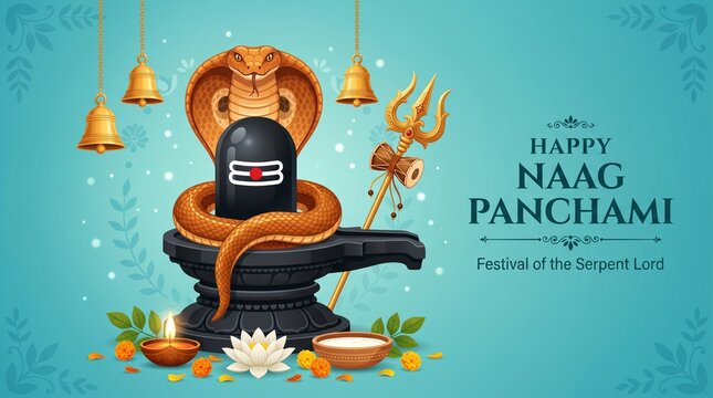 Happy Naag Panchami festival vector banner with Lord Shiva lingam and cobra