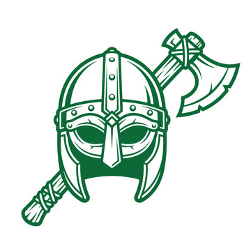 A classic viking helmet with a protective nose guard and rivets, positioned behind a single battle axe with a wooden handle, rendered in a dark green line style on a white background