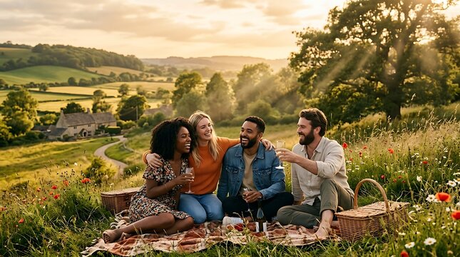 Diverse group of friends enjoying a picnic in a beautiful sunlit countryside landscape.