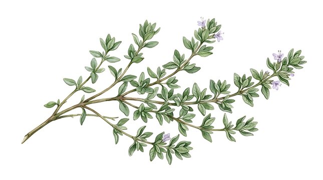 Watercolor illustration of fresh green thyme sprig