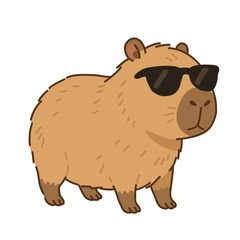 Fototapeta premium Cute capybara wearing stylish black sunglasses. Isolated on white background. For summer designs, stickers, t-shirts, greeting cards, social media, nursery decor, animal-themed branding.