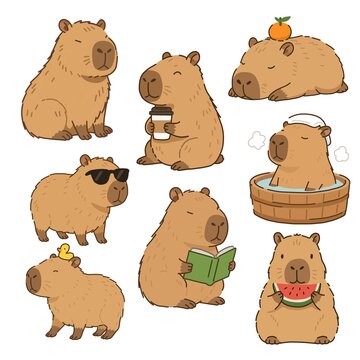 Cute capybara clipart collection. For stickers, greeting cards, nursery decor, planners, stationery, children's products, printable designs.