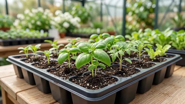 Basil seedlings sprouting in black plastic tray on wooden table in greenhouse. Young herb plants growing in soil-filled cells. Organic gardening and home cultivation concept for sustainable farming
