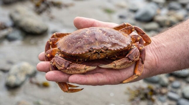 Fisherman holding crab, close-up of crustaceans with pincers, healthy seafood catch in weathered hand, marine life.