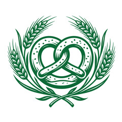 Obraz premium A green line of a traditional pretzel framed by a symmetrical wreath of wheat stalks, isolated on a white background, representing bakery, food, and agricultural themes