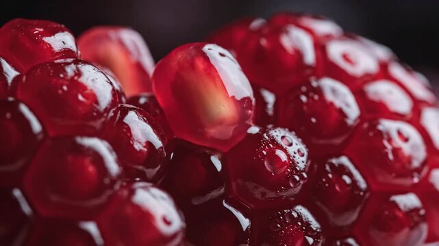 Macro of fresh red pomegranate juice dripping onto ripe seeds in a close up studio shot