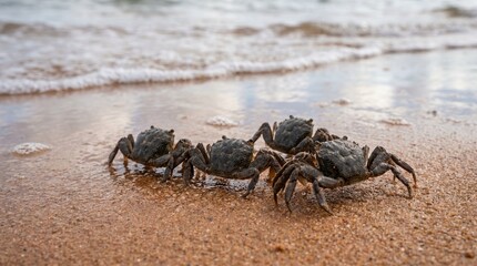 Obraz premium Four dark crabs crawling across wet sandy beach toward ocean waves under bright daylight at scenic tropical coast.