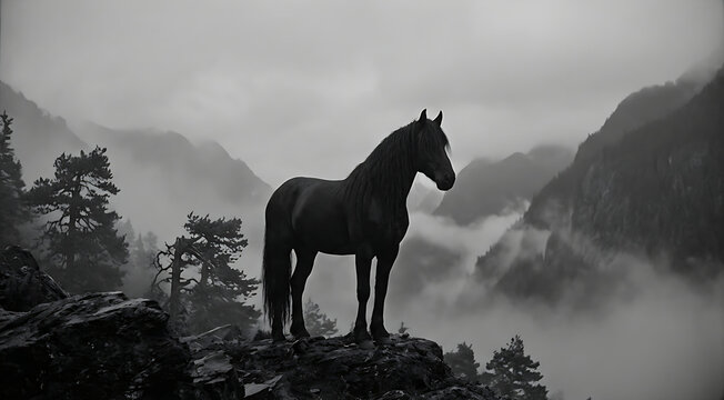 Majestic Horse Stands Proudly on a Mountain Peak Overlooking Misty Valleys.