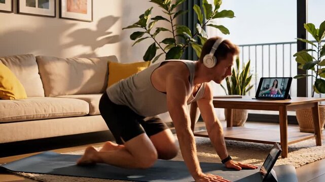 Man doing push ups at home following a digital fitness workout class