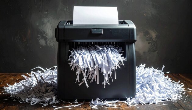 "Paper shredder spilling shredded documents, symbolizing privacy protection, data security, and information destruction."