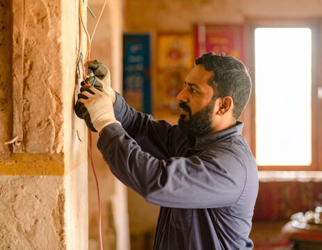 Skilled Indian electrician working on electrical infrastructure, following safety regulations and industry best practices.