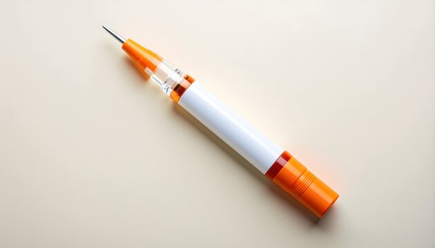 High-angle view of an orange and white medical injector pen with an exposed needle tip, isolated on a neutral beige background for healthcare and self-injection concepts