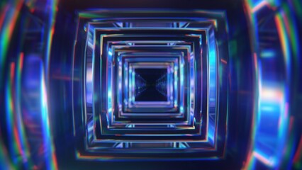 Fototapeta premium Futuristic Abstract Tunnel of Glowing Neon Squares with Iridescent Light Effects
