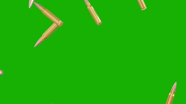 golden bullets falling on green screen. realistic 3d shiny brass ammunition cartridges rain on chroma key with luma matte seamless looping background 4k.