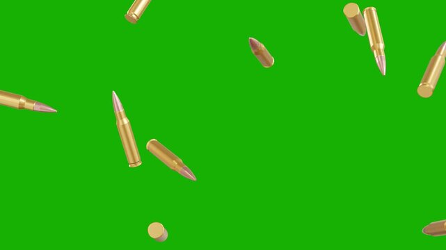 golden bullets falling on green screen. realistic 3d shiny brass ammunition cartridges rain on chroma key with luma matte seamless looping background 4k.