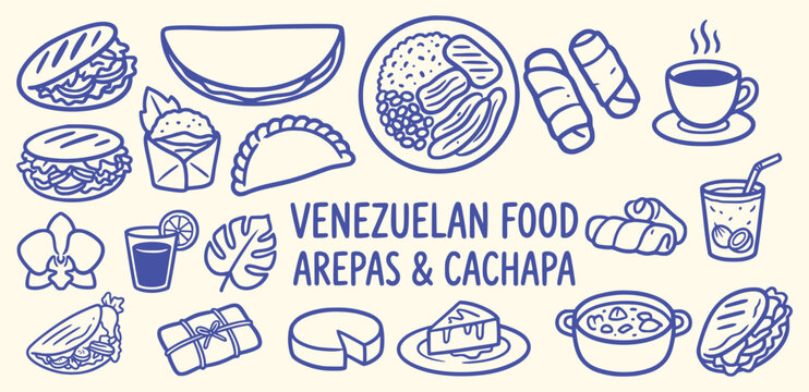 Venezuelan traditional food outline icons. arepas, cachapa, empanada, tequenos, cheese, coffee. for latin american travel guides, street food restaurant menus. blue line vector doodle art.