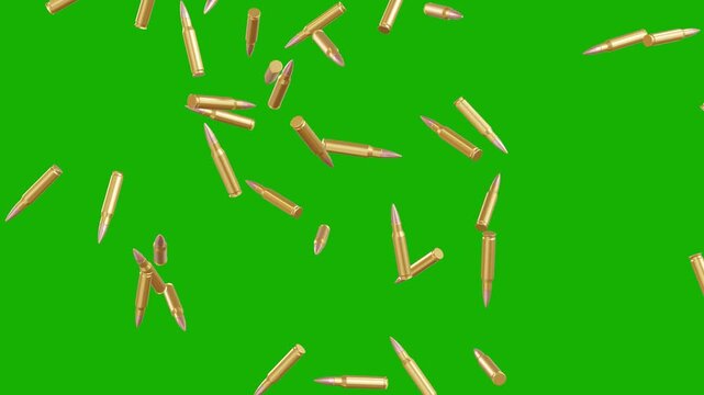golden bullets falling on green screen. realistic 3d shiny brass ammunition cartridges rain on chroma key with luma matte seamless looping background 4k.