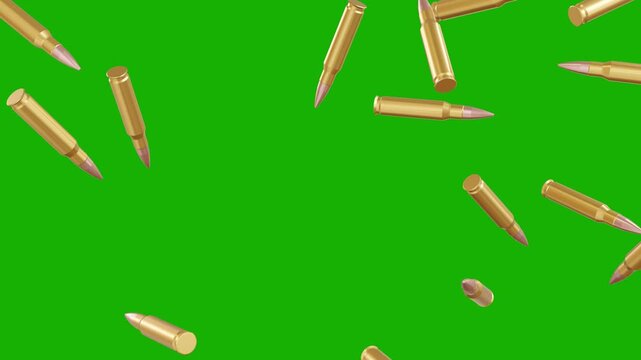 golden bullets falling on green screen. realistic 3d shiny brass ammunition cartridges rain on chroma key with luma matte seamless looping background 4k.