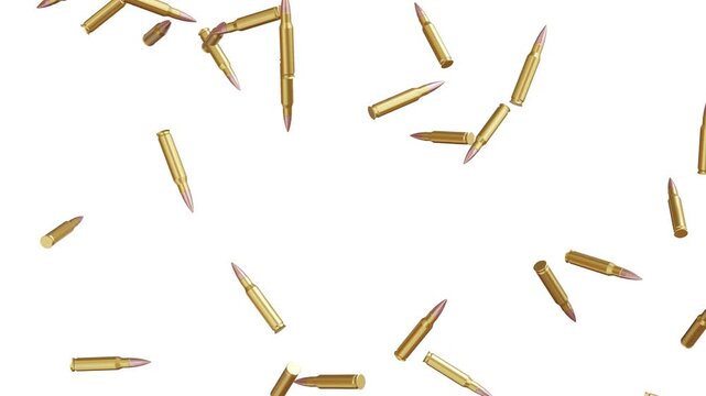 golden bullets falling on white screen. realistic 3d shiny brass ammunition cartridges rain on chroma key with luma matte seamless looping background 4k.