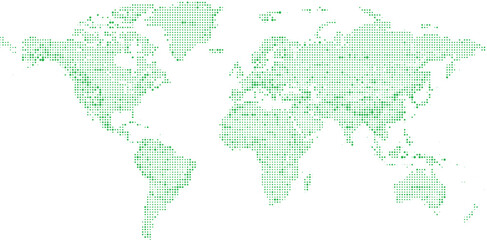 World map composed of green halftone dots on gray checkered background representing global network or data visualization. © MDtanjit