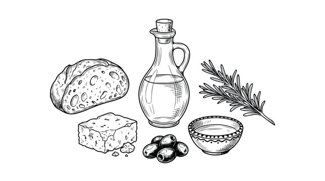 Mediterranean Food Ingredients Hand Drawn Vector Illustration Set