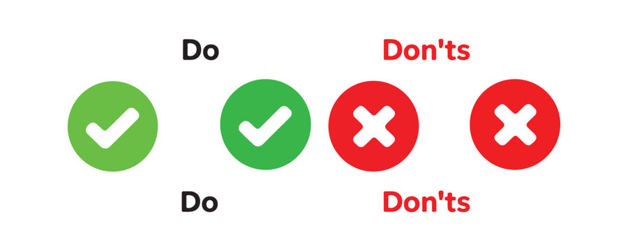 Collection of do and donts check mark and cross icons for evaluation and simple binary task signs.