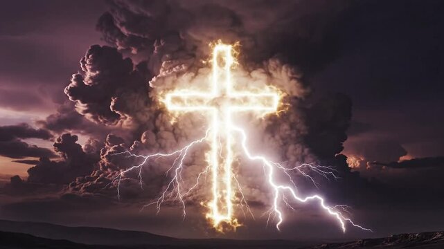 A glowing cross representing good friday shines brightly amidst a dramatic stormy sky with lightning strikes