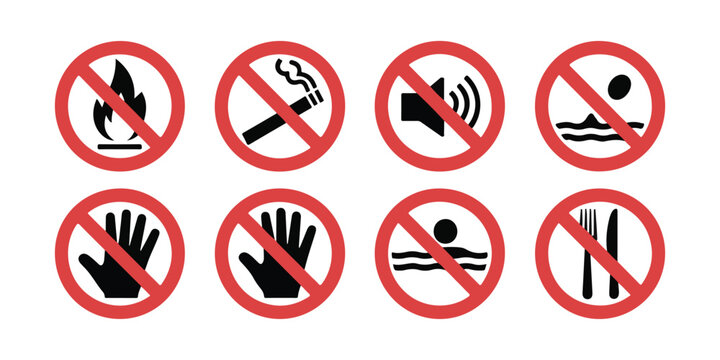 Prohibition sign set with various warning icons for safety security and public area regulations isolated.
