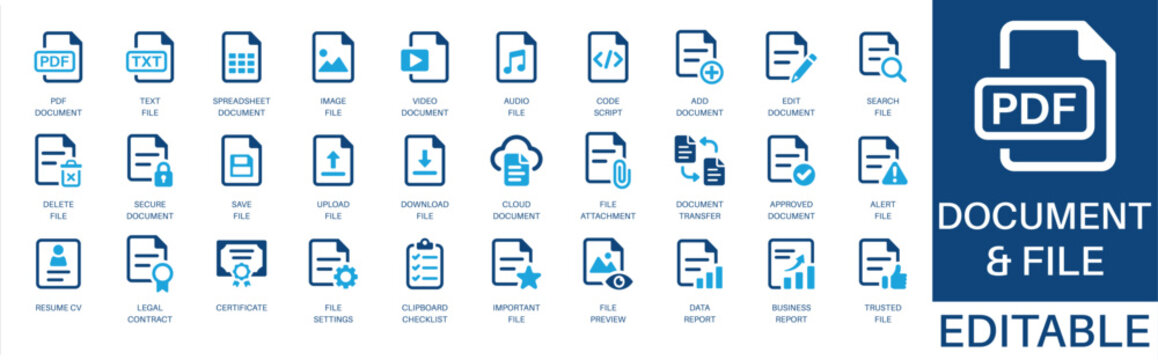 Document and file solid icon set. Featuring pdf document, secure document, spreadsheet, legal contract, resume cv, and data report. Editable vector glyphs for business report and record keeping.