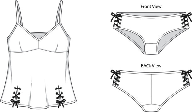 Women camisole and panties lingerie set vector sketch, front and back view fashion template