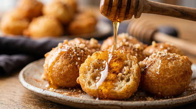Loukoumades, honey close up