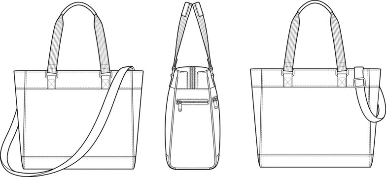 Canvas tote bag vector technical sketch, front side back view fashion design template