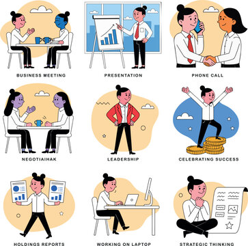 Business Workflow Flat Vector Illustration Set Featuring Meeting Presentation, Leadership Communication, and Office Activities