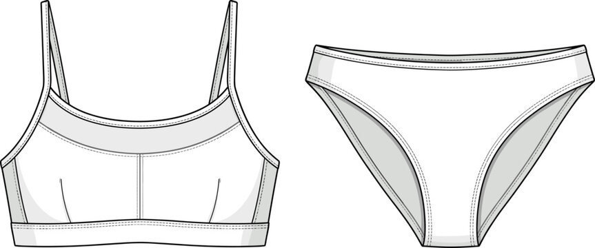 Women bralette and panties lingerie set vector sketch, technical flat fashion design template