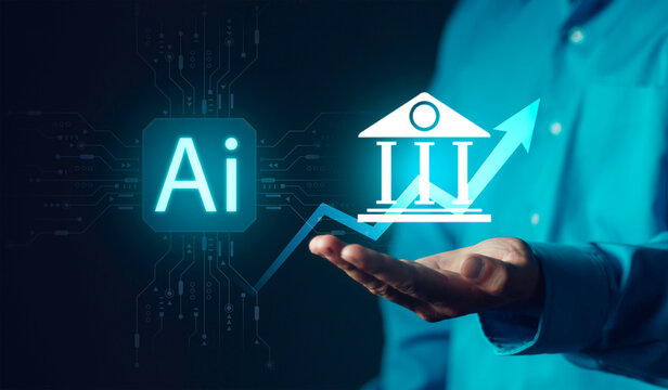 Businessman hand presenting AI icon with banking building and growth arrow. Fintech innovation, artificial intelligence in finance, investment strategy, and economic prosperity concept.
