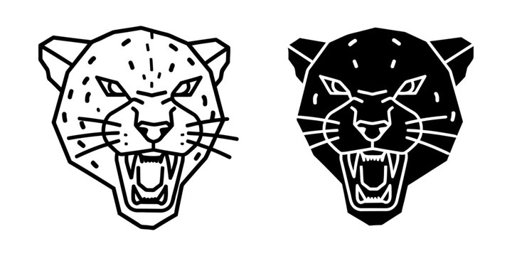 Roaring leopard head vector line art silhouette with big cat wildlife predator illustration aggressive silhouette monochrome portrait stylized