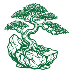 Obraz premium A green of a bonsai tree growing out of a large rock formation on white background, stone nature