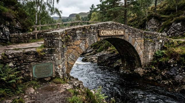 Stone arch bridge named connection spans flowing river