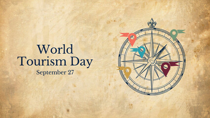 Fototapeta premium World tourism day concept with vintage compass and location pins on old paper background