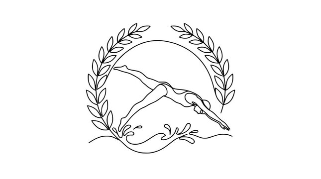 Diver in Laurel Wreath: Athletic Swim Sport Emblem Outline