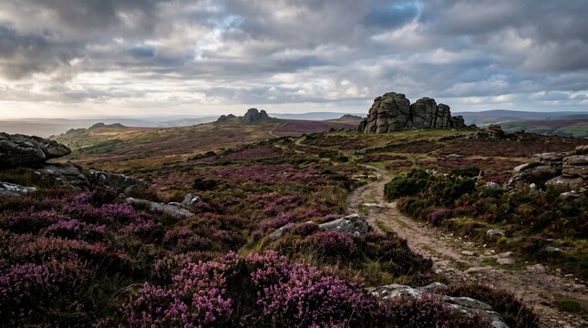A scenic landscape view of Dartmoor National Park featuring blooming purple heather, rocky tors, and a dirt path under a dramatic cloudy sky at sunset, Devon, England