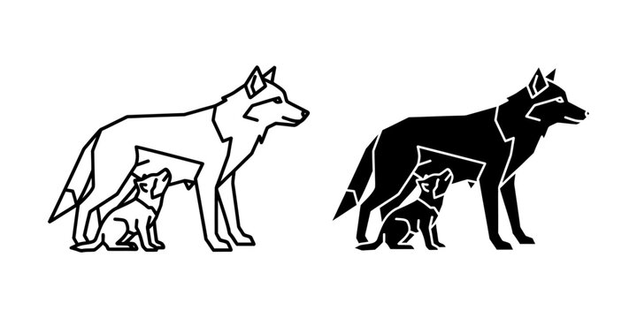 Wolf mother and pup minimalist vector icon set with wildlife