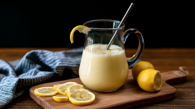 A refreshing pitcher of creamy lemonade with citrus slices and a metallic straw perfect for summer hyd n