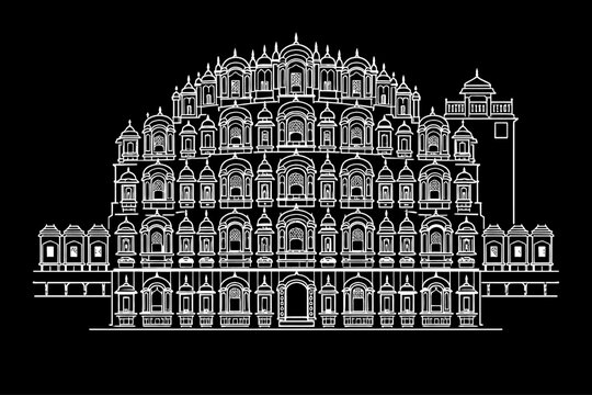 Hawa Mahal White Line Art Vector Illustration on Black Background, Detailed Architectural Outline of Jaipur Palace India Landmark