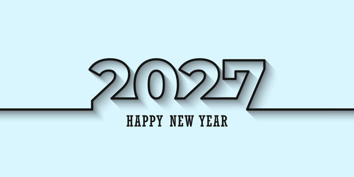 Happy New Year greetings 2027 black line condensed design typography isolated on a background. Greetings card graphic or new year theme party invitations. Minimalist 2027. Vector illustration.
