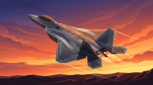Modern stealth fighter jet flying through sunset clouds in cinematic digital art style