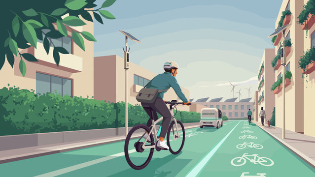 Commuter riding electric bicycle in smart city &ndash; Perfect for urban mobility marketing, e-bike promotions, or green transportation articles.