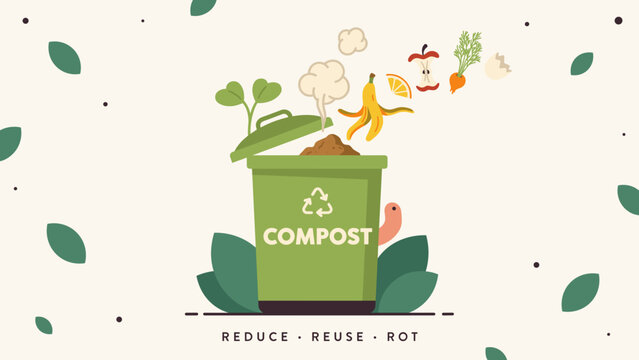 Food scraps compost bin waste reduction graphic &ndash; Ideal for eco-friendly living articles, zero waste lifestyle blogs, or kitchen composting manuals.