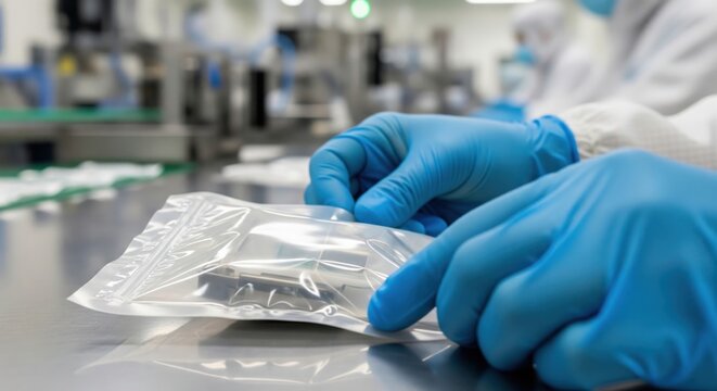 Premium cleanroom manufacturing close-up featuring sealed packaging, soft reflections and gloved inspection for medical safety, sterile process and quality assurance.